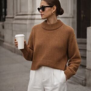 Zara Brown Knit Sweater Camel Mock Neck Cozy Chic Coffee Run Minimalist M